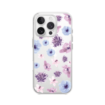 shumee Prozoren silikonski ovitek Flexi za iPhone 16 Pro, modre in vijolične rože