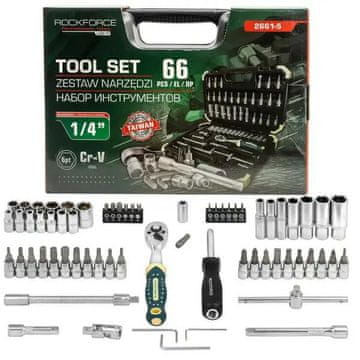 ROCKFORCE 1/4" 66-delni komplet orodja, 6-kraki, 4-14 mm, raglja, nastavki, Rockforce nastavki