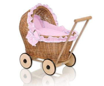 MY SWEET BABY Pleten voziček za punčke z roza posteljnino in mehko podlogo CHIARA - naravna barva