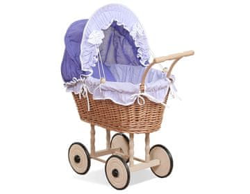 MY SWEET BABY Visok pleten voziček za punčke z vijolično posteljnino in podlogo NATALIA natural