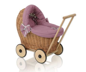 MY SWEET BABY Pleten voziček za punčke z retro roza posteljnino in mehko stela podlogo - naravna