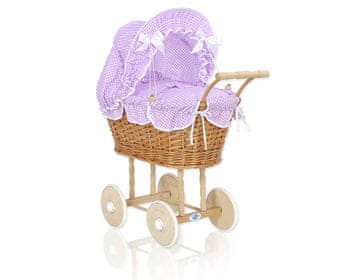 MY SWEET BABY Visok pleten voziček za punčke z vijolično posteljnino in podlogo NATALIA natural