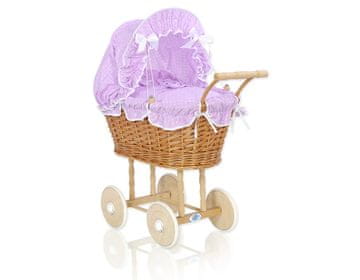 MY SWEET BABY Visok pleten voziček za punčke z vijolično posteljnino in podlogo NATALIA natural