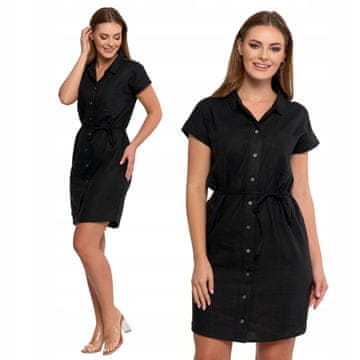 Moraj Ženska lanena obleka, prevelika srajčna obleka z gumbi, elegantna Moraj, 3XL, črna