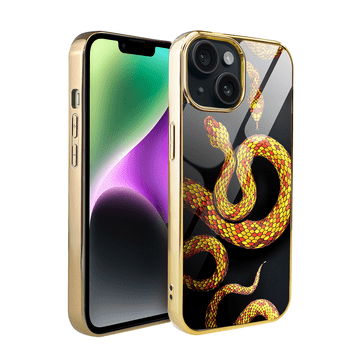 shumee Ovitek za iPhone 14 ibizu Elite Glass, steklena hrbtna stran, kače z zlatom, zlato