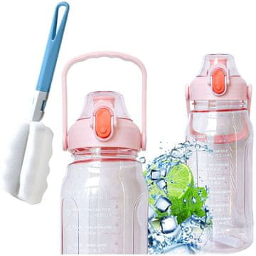 shumee Steklenica s slamico za pitno vodo 1,5l, motivacijska, z opomnikom, z motivacijsko merilno skodelico, z ročajem, roza + krtača za pranje
