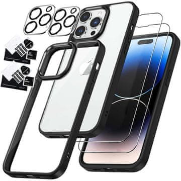 shumee Ovitek za iPhone 14 Pro + komplet 4 očal 5v1 oklepno 360 Alogy Hybrid 2x steklo za zaslon + 2x leča črna in prozorna