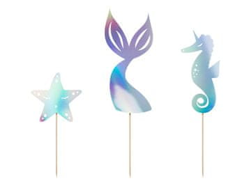 PartyDeco Okrasi za torto v obliki morske deklice, opalescentni, 3 kosi.