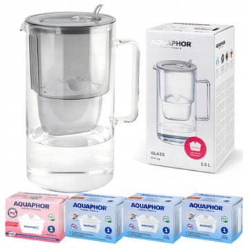 Aquaphor Vrč za filtriranje Aquaphor Glass iz sivega stekla + 4 filtrirne kartuše Maxfor
