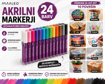 Maaleo Akrilni markerji 24 kosov – vodoodporni markerji za kamen, les, steklo, keramiko, platno in papir, 4 mm