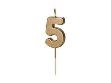 PartyDeco Rojstnodnevna sveča številka 5, zlata, 5,5 cm