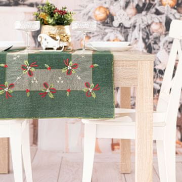 shumee Božični prt z vezeninami in pentljami, zelen božični 40x140 cm