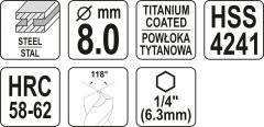 YATO Rezalnik svedrov ZA kovino 8,0 MM HSS-TiN HEX YT-44826 yato