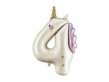 PartyDeco Folija balon številka 4, samorog, krem, roza zlat, 93 cm
