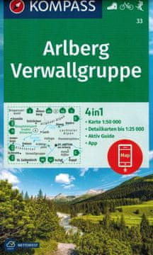 shumee Arlberg, Verwallgruppe. Vodotesen pohodniški zemljevid 33. izdaja 2024. Kompass