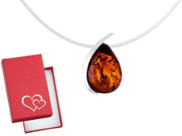 shumee Kratka srebrna ženska ogrlica z jantarno solzo in jantarno povezavo 42
