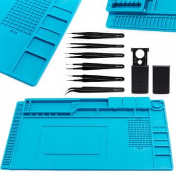 shumee Silikonska modra antistatična podloga 450x300mm TE-501 + 6 pincet + žepna lupa