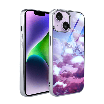 shumee Ovitek za iPhone 14 ibizu Elite, steklena hrbtna stran, oblaki in luna, srebrn