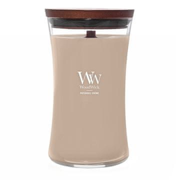 Woodwick Patchouli Creme - Woodwick - velika dišeča sveča z lesenim stenjem - novo 2025