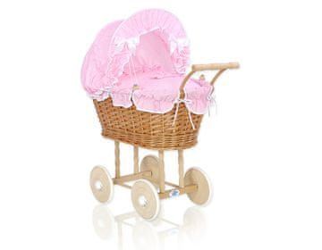 MY SWEET BABY Visok pleten voziček za punčke z roza posteljnino in podlogo NATALIA natural