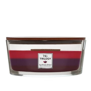 Woodwick Dišeča sveča Woodwick Hearthwick Trilogy z lesenim stenjem, zrele jagode