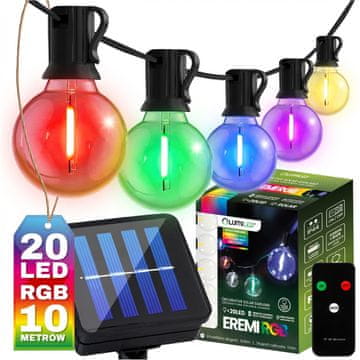 LUMILED Solarna vrtna girlanda 20x LED dekorativne žarnice G50 10,6 m 3000K RGB + EREMI daljinski upravljalnik