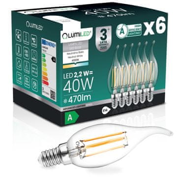 LUMILED 6x LED žarnica E14 svečka BA35 2,2 W 470 lm = 40 W 4000 K nevtralna 360° žarnica z žarilno nitko razreda A