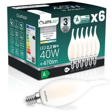 LUMILED 6x LED žarnica E14 svečka BA35 2,2 W 470 lm = 40 W 4000 K nevtralna 360° žarnica z žarilno nitko razreda A