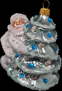 shumee Ročno poslikana steklena kroglica z upodobitvijo belega Božička, ki objema modro božično drevo s kristali