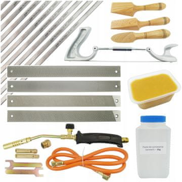 shumee Komplet za kalajisanje: pločevinka 10 kosov, pasta 1 kg, vosek, lopatice, skobljalnik, rašple, gorilnik