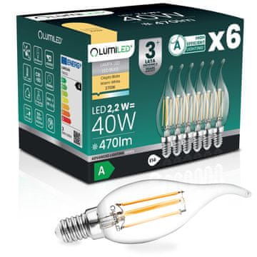 LUMILED 6x LED žarnica E14 svečka BA35 2,2 W 470 lm = 40 W 2700 K topla 360° žarnica z žarilno nitko razreda A