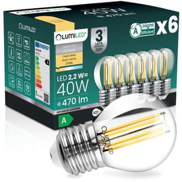 LUMILED 6x LED žarnica E27 krogla P45 2,2 W 470 lm = 40 W 2700 K topla 360° žarnica z žarilno nitko razreda A