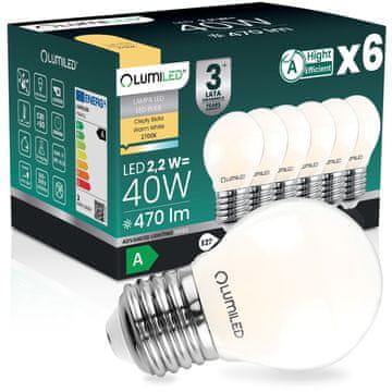 LUMILED 6x LED žarnica E27 krogla P45 2,2 W 470 lm = 40 W 2700 K topla 360° žarnica z žarilno nitko razreda A