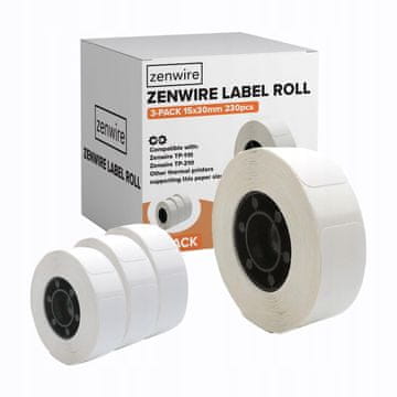 ZENWIRE Samolepilne termalne etikete, 3-pakiranje, 230 kosov, role 15 x 30 mm za mini tiskalnik Zenwire TP-110