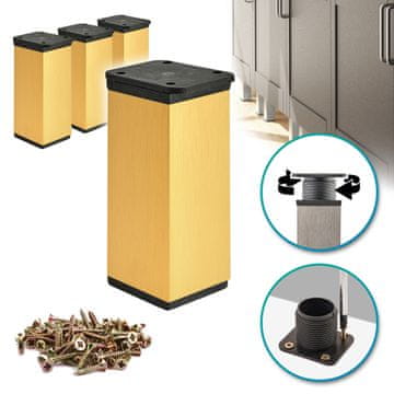 shumee 4 x Osnovne noge za pohištvo | Presek 40x40 mm | V - 120 mm | Barva: Brušeno zlato + Vijaki priloženi