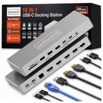 ZENWIRE Priklopna postaja USB-C Hub 16v1 2x HDMI 4K 60Hz DisplayPort 1.4 USB SD priključek Zenwire BS-HD1601