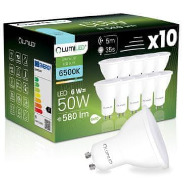 LUMILED 10x LED žarnica GU10 reflektor PAR16 6W = 50W 580LM 6500K hladno 120° z senzorjem gibanja in somraka