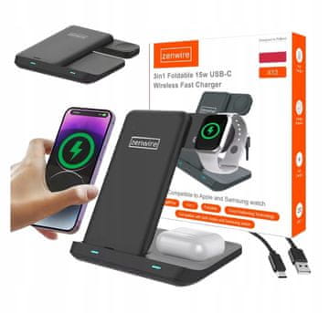 ZENWIRE Brezžični polnilnik 3 v 1 USB-C za pametne telefone, ure, TWS slušalke, Airpods, Buds, Zenwire X12