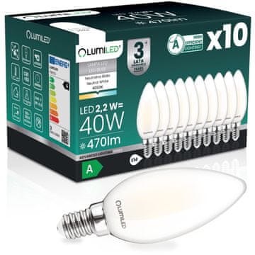 LUMILED 10x LED žarnica E14 svečka B35 2,2 W 470 lm = 40 W 4000 K nevtralna 360° žarnica z žarilno nitko razreda A