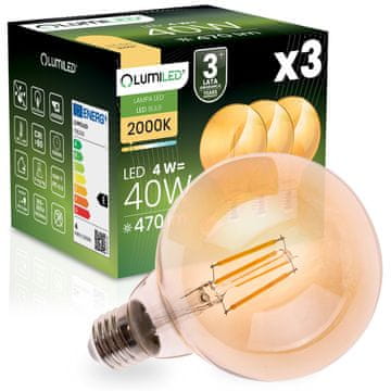 LUMILED 3x E27 LED žarnica krogla G95 4W = 40W 470LM 2000K topla 360° jantarna filamentna žarnica