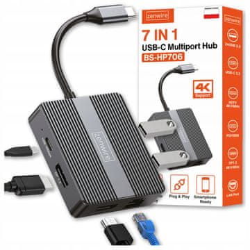 ZENWIRE USB-C Hub 7v1 adapter USB 3.0 HDMI 4K 60Hz DisplayPort Gigabit RJ-45 1000M Zenwire BS-HP706