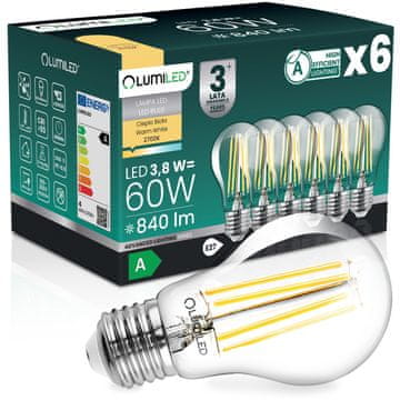 LUMILED 6x LED žarnica E27 A60 3,8W 840lm = 60W 2700K Topla 360° žarnica z žarilno nitko razreda A