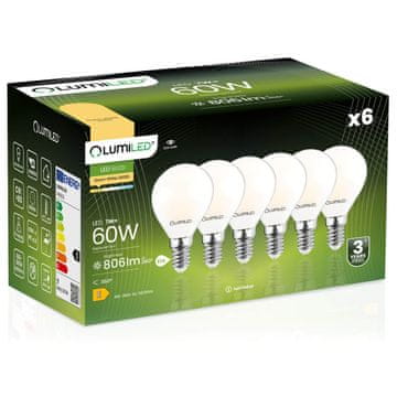 LUMILED 6x LED žarnica E14 krogla P45 7W = 60W 806lm 3000K topla 360° žarnica z žarilno nitko