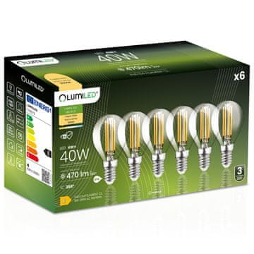 LUMILED 6x LED žarnica E14 krogla P45 4W = 40W 470lm 3000K topla 360° žarnica z žarilno nitko