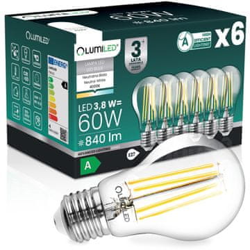 LUMILED 6x LED žarnica E27 A60 3,8W 840lm = 60W 4000K Nevtralna 360° žarnica z žarilno nitko RAZREDA A
