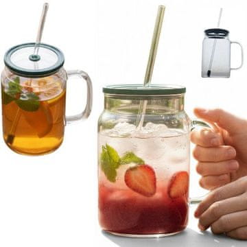 shumee Velika steklena skodelica za vodo 1,5 l prozorna s pokrovom in slamico VELIKO steklo