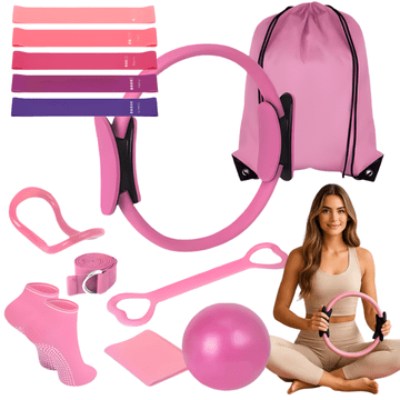 shumee Pilates fitnes joga komplet 13v1 pilates obroč z elastiko za vadbo, roza [FITNESS1]