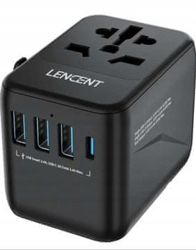 shumee črni potovalni adapter z vtičnico Lencent, 4x USB polnilnik, vključno z 1 USB C