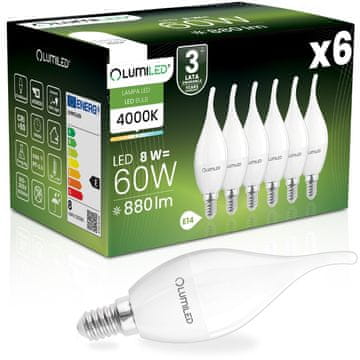 LUMILED 6x LED žarnica E14 svečka BA35 8W = 60W 880lm 4000K nevtralna 180°