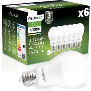 LUMILED 6x LED žarnica E27 A60 2,5 W = 25 W 275 lm 4000 K nevtralna 260°